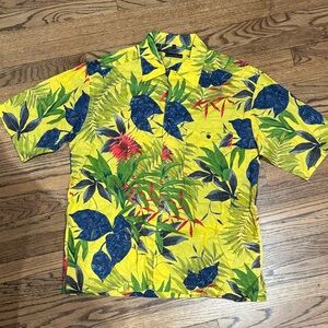 Casa Moda Yellow Tropical Button-Up Shirt with Blue & Green Leaves Large